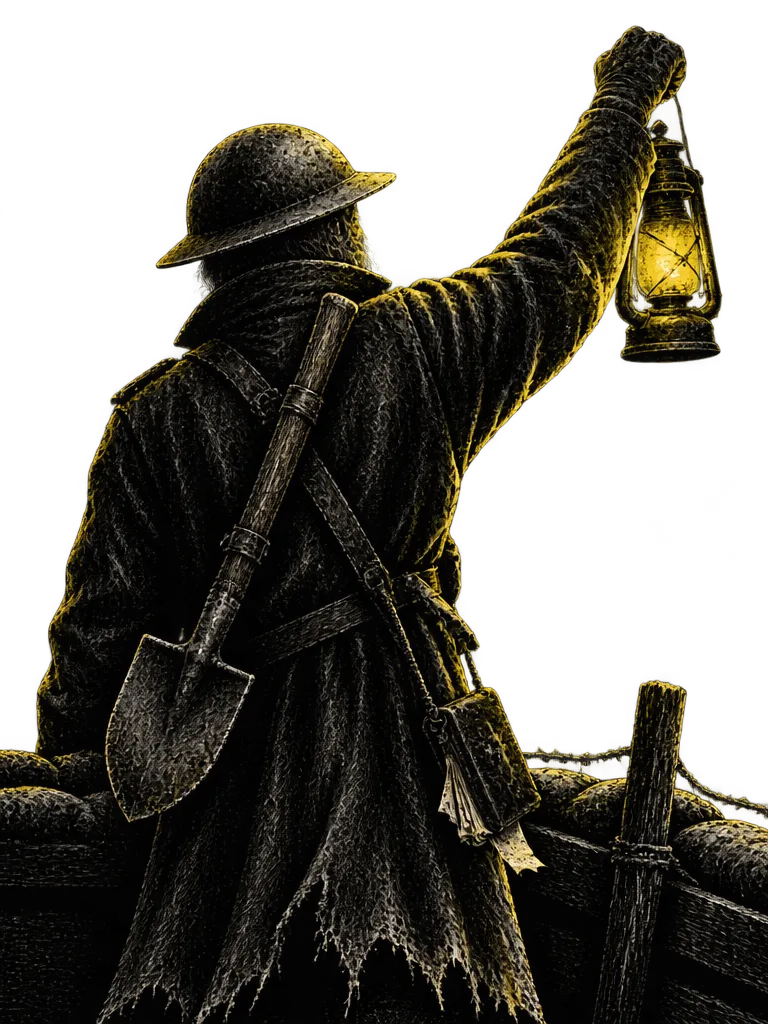 Abel Marrow dari belakang, mengangkat lentera tinggi-tinggi di atas parapet. Sekop parit terikat di punggungnya, buku doa tergantung di pinggang.