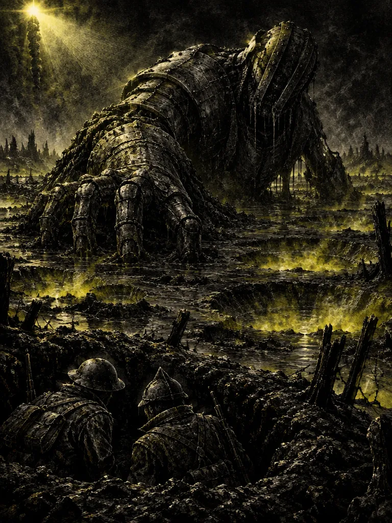 Dewa besi dan lumpur menyeret badannya melewati ladang kawah yang banjir. Di depan, dua prajurit dari pihak berbeda meringkuk bersama di lubang peluru.